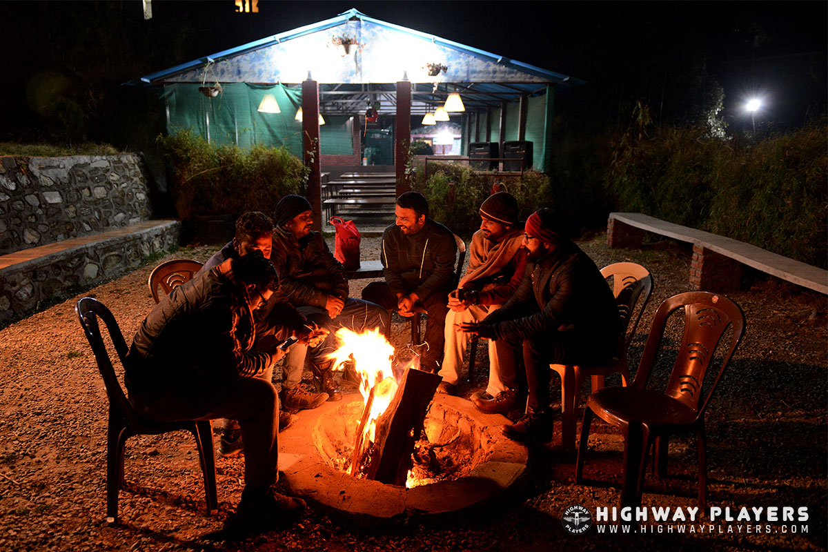 Highway Players enjoying drinking and bonfire at Camp Mehi Nature Resort, Pangot